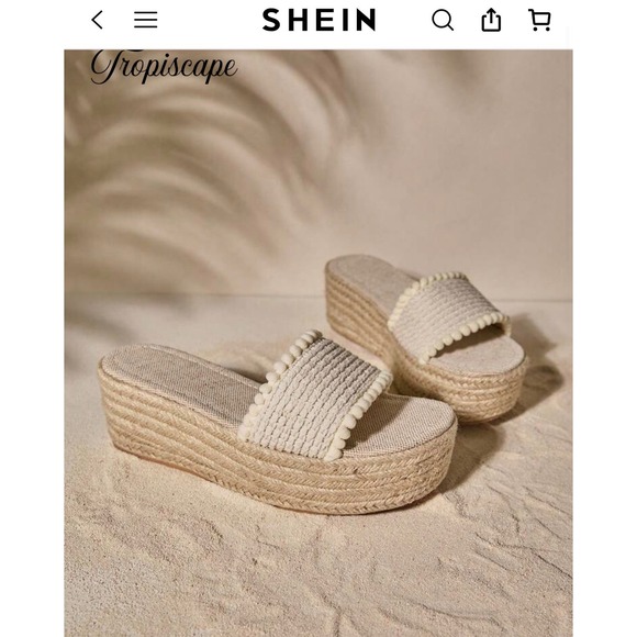 SHEIN Shoes - SHEIN Tropiscape Beige Espadrille Pom Pom Platform Slide Sandals Women's Size 39